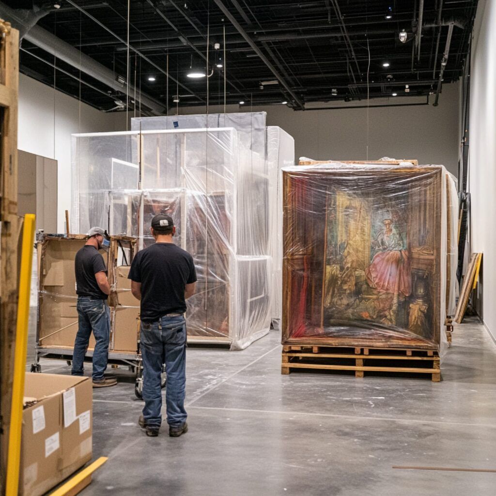 Imagen de una galería con cuadros embalados y unas personas trabajando.
