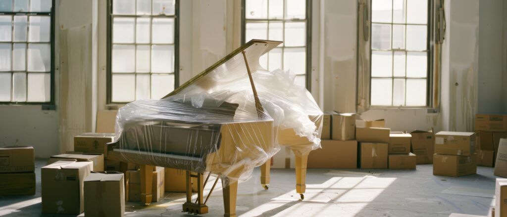 piano envuelto para la mudanza en una habitación con cajas