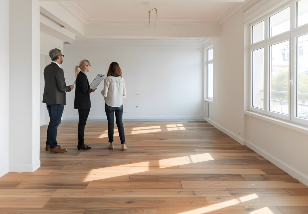 Imagen de una pareja viendo un pisp sin muebles con la persona de la inmobiliaria